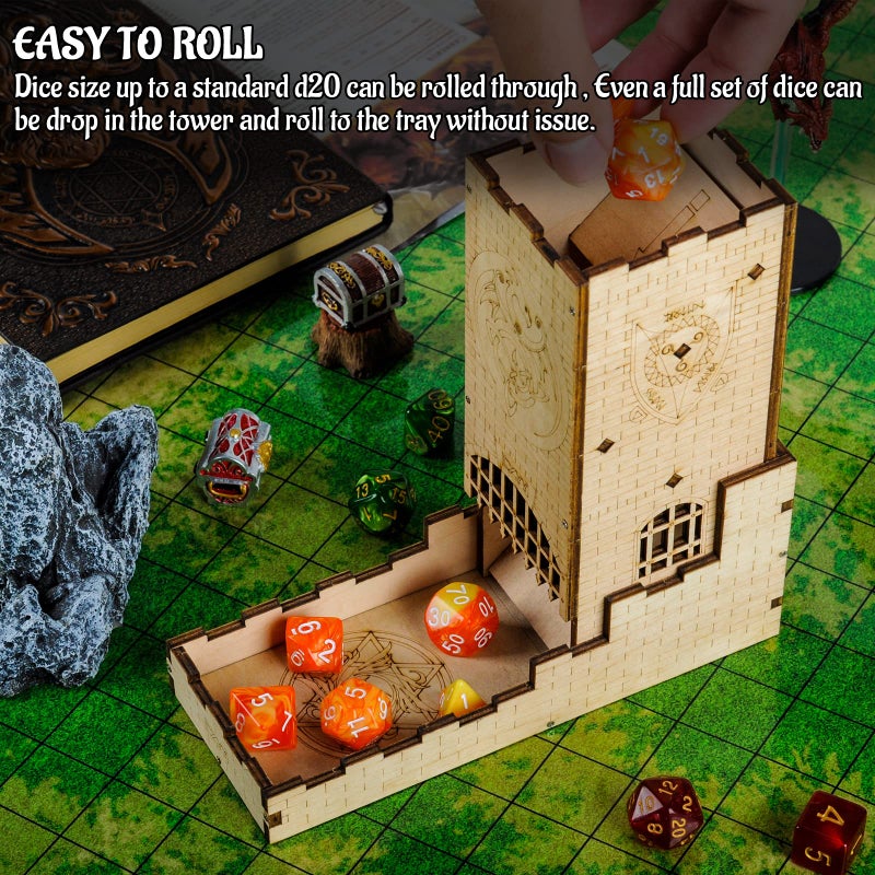 CZYY Castle Dice Tower with Tray Wood Laser Cut Dragon Carving Easy Roller Perfect for Board Game, D&D and RPG (Castle) - Image 4